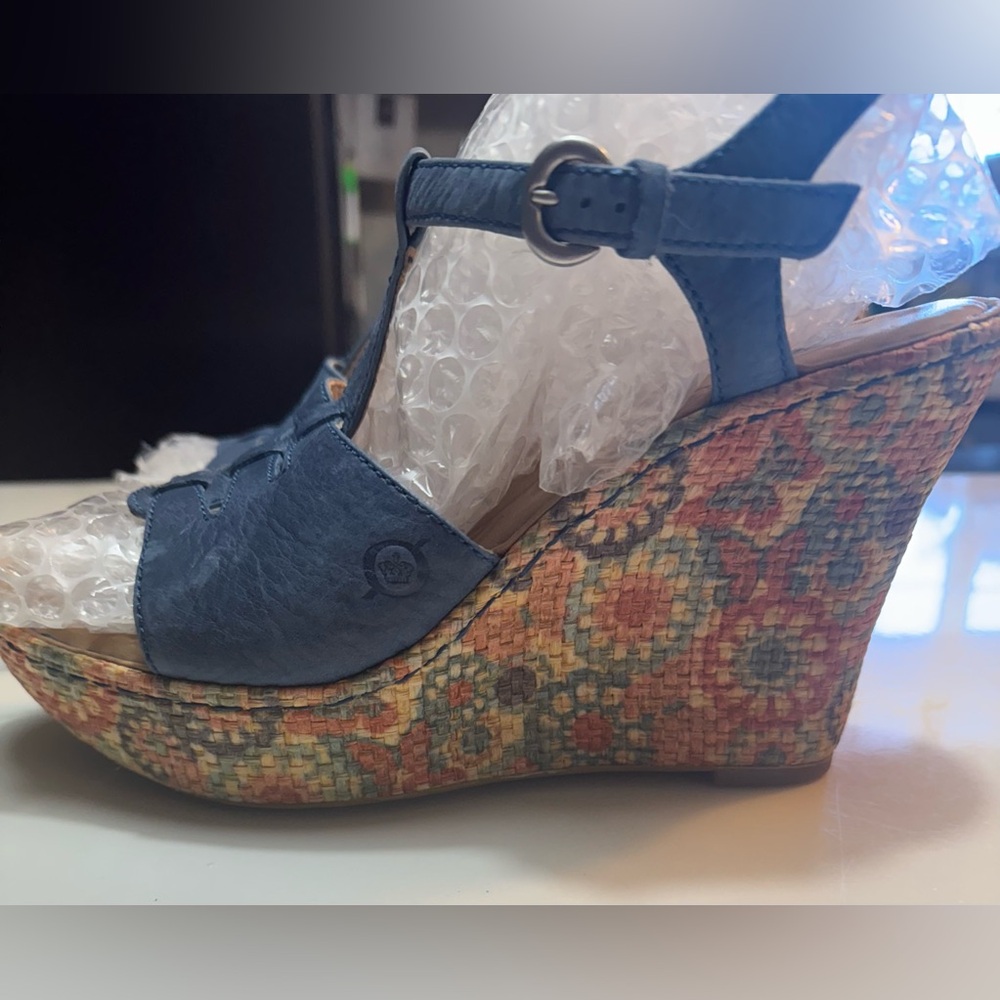Born Blue Wedges with Multicolor Patterned Heel